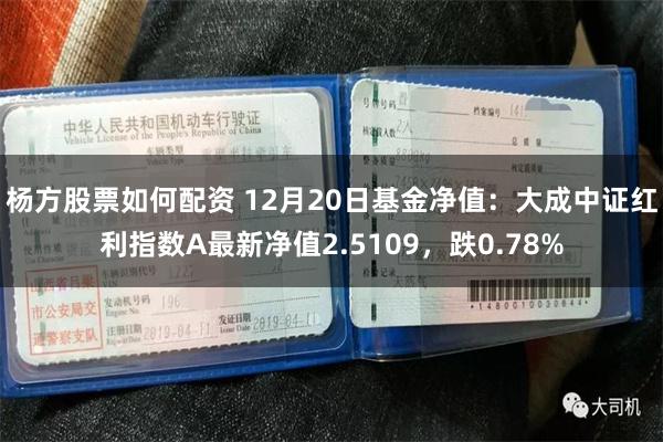 杨方股票如何配资 12月20日基金净值：大成中证红利指数A最新净值2.5109，跌0.78%